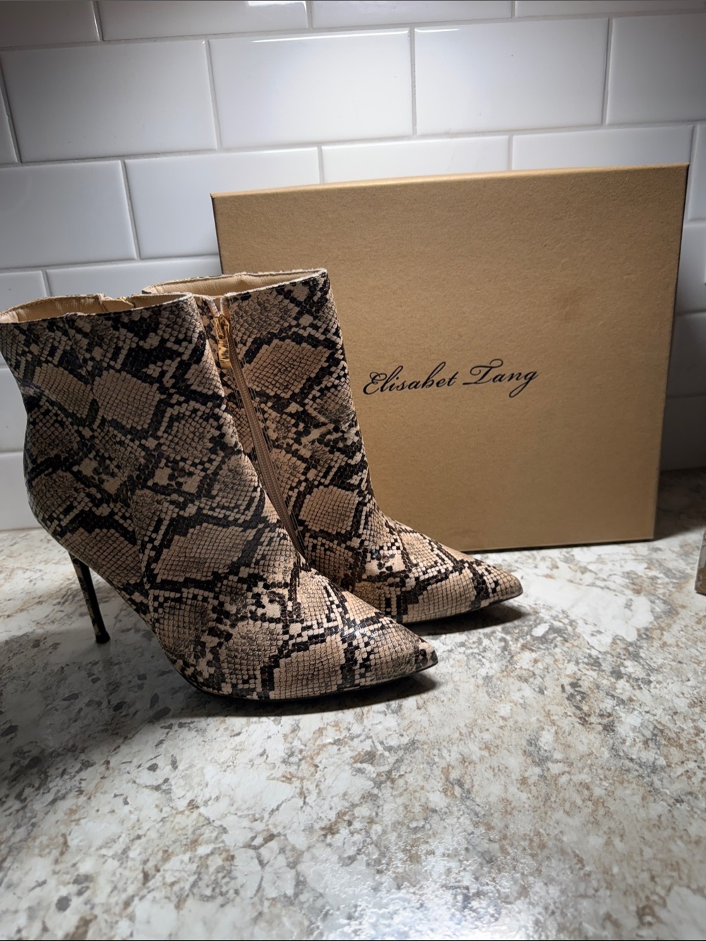 Snake-Print Pointed Ankle Booties in Beige/Black